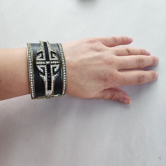 HEIDI DAUS Art Deco Black Leather Swarovski Crystal Cuff Bangle Bracelet Big - Picture 9 of 10